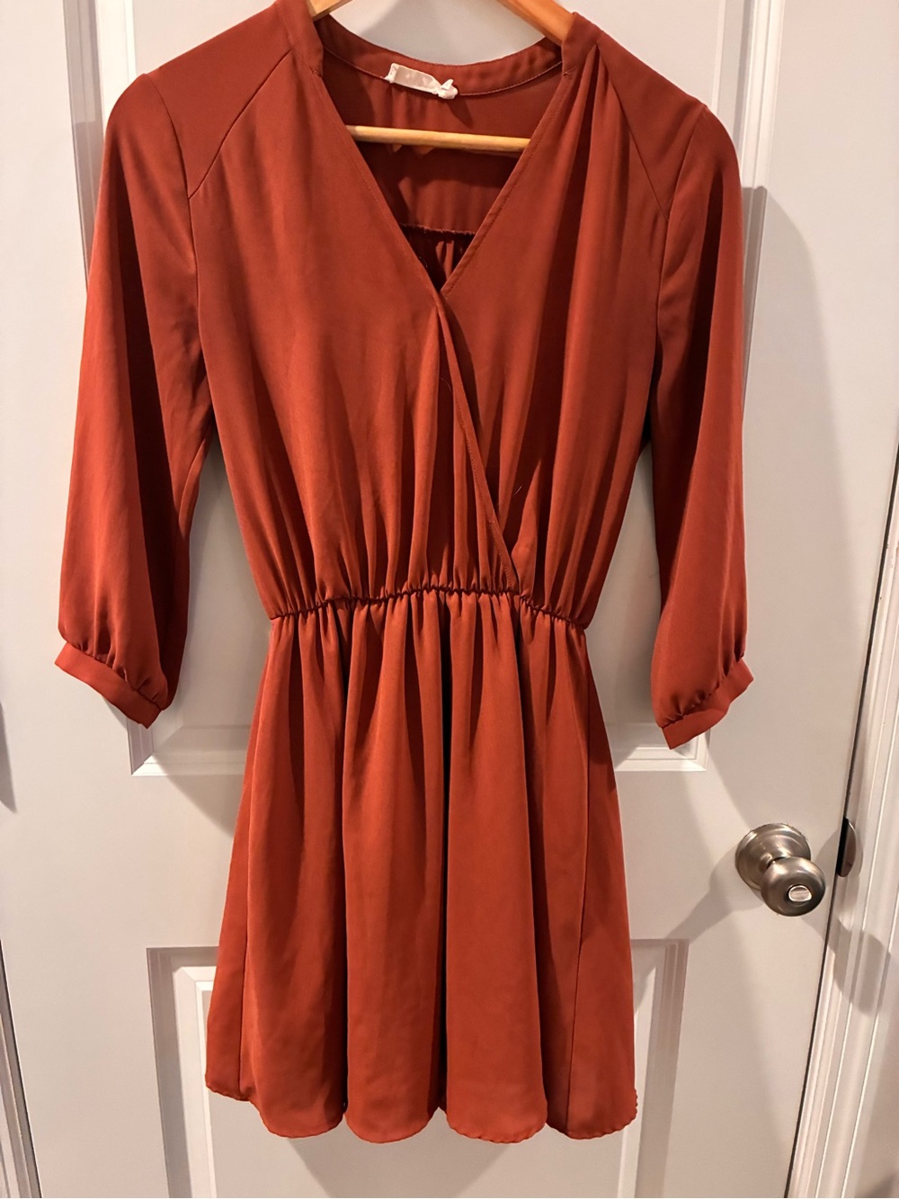 Lush Rust Orange V-Neck Elastic Waist Mini Dress